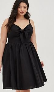 BLACK POPLIN TIE-FRONT SKATER DRESS